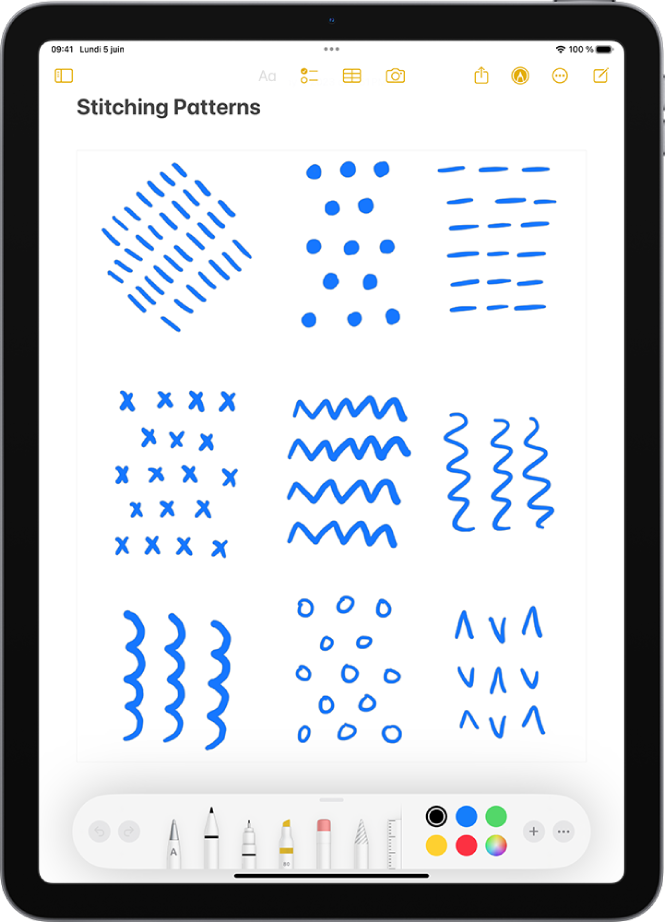 Une note est ouverte dans l’app Notes et la barre d’outils d’annotation est ouverte en bas de l’écran. Les outils d’annotation de gauche à droite sont les suivants : Stylo, Trait simple, Marqueur, Gomme, Lasso, Règle et Crayon, puis les boutons de couleurs, le bouton Ajouter et le bouton Plus.