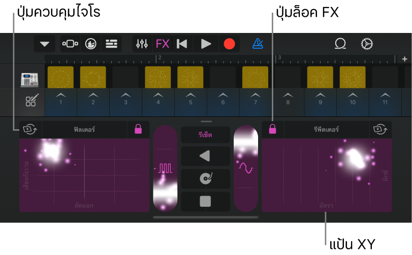 ภาพ ช่องตาราง Live Loop ที่แสดง Remix FX