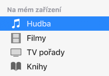 Sekce „Na mém zařízení“ na bočním panelu s vybranou volbou Hudba