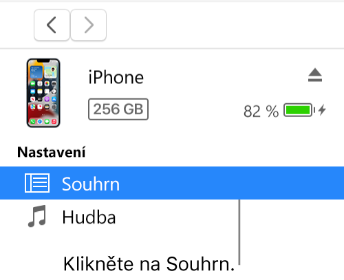 Okno Zařízení s vybranou položkou Souhrn na bočním panelu
