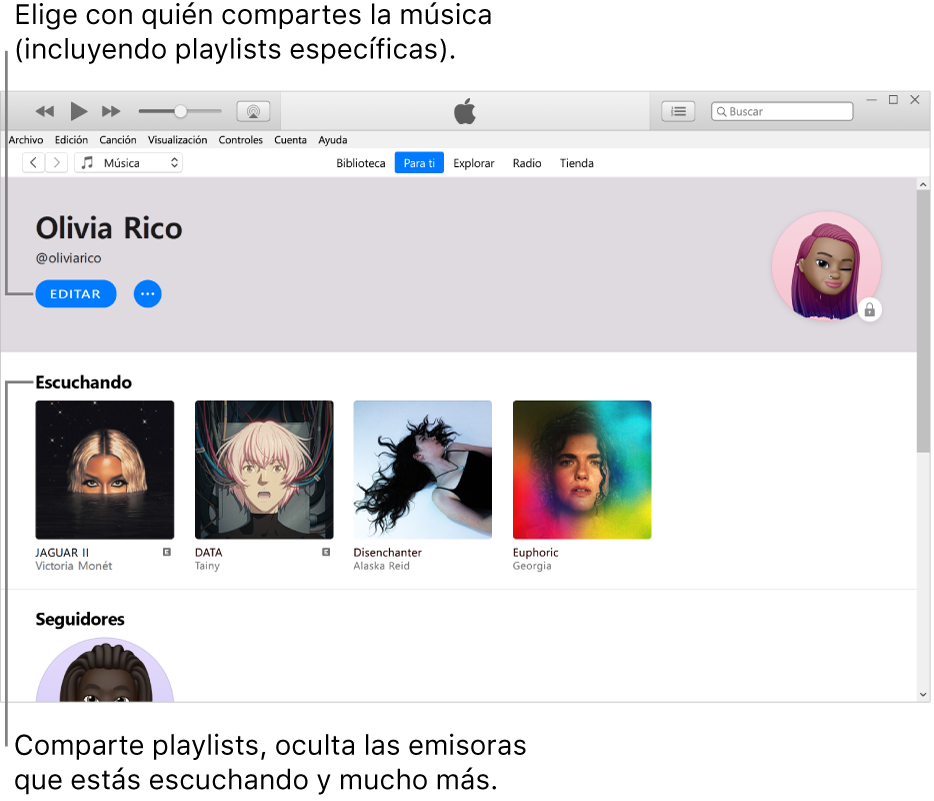 La página de perfil de Apple Music: en la esquina superior izquierda (debajo de tu nombre), haz clic en Editar para elegir con quién compartes la música. Debajo del encabezado Escuchando se encuentran los álbumes que estás escuchando y puedes hacer clic con el botón derecho en un elemento para ocultarlo de las personas que te siguen, compartirlo y más.