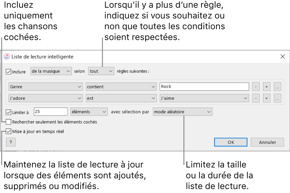 La fenêtre Liste de lecture intelligente : Dans le coin supérieur gauche, sélectionnez Match, puis indiquez le critère de la liste de lecture (comme Genre ou J’aime). Continuez pour ajouter ou supprimer des règles; lorsqu’il y a plus d’une règle, indiquez si vous souhaitez ou non que toutes les conditions soient respectées. Sélectionnez différentes options dans la partie inférieure de la fenêtre, comme la limitation de la taille ou de la durée d’une liste de lecture, l’utilisation exclusive des éléments cochés ou la mise à jour de la liste de lecture par iTunes lorsque votre bibliothèque est modifiée.