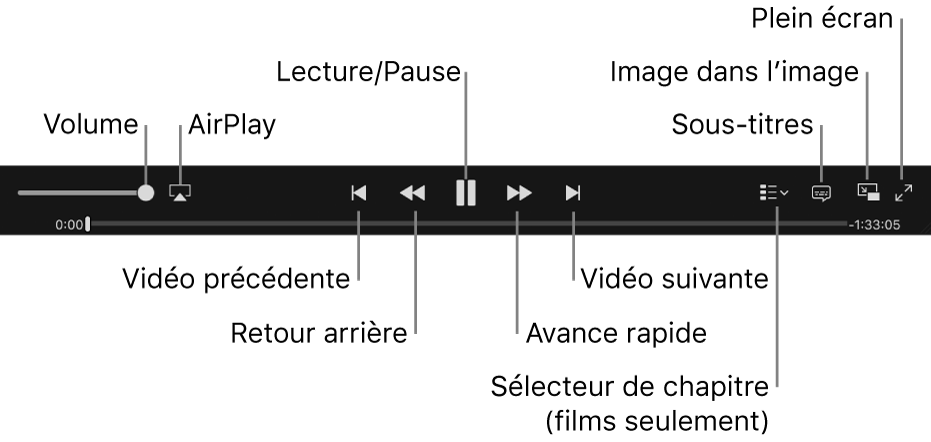 Commandes vidéo : Volume, AirPlay, vidéo précédente, retour, lecture/pause, avance, vidéo suivante, sélecteur de chapitre (pour les films uniquement), sous-titres, image dans l’image et plein écran.