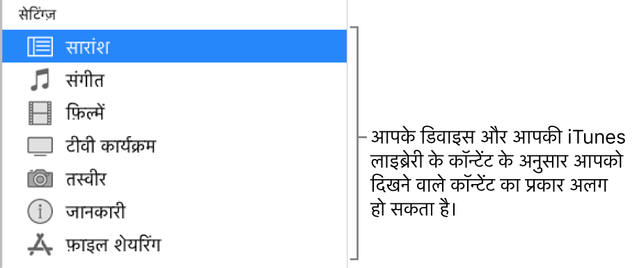 साइडबार में सारांश चुना जाता है। आपके डिवाइस और आपकी iTunes लाइब्रेरी के कॉन्टेंट के आधार पर दिखाई पड़ने वाले कॉन्टेंट के प्रकार भिन्न-भिन्न हो सकते हैं।