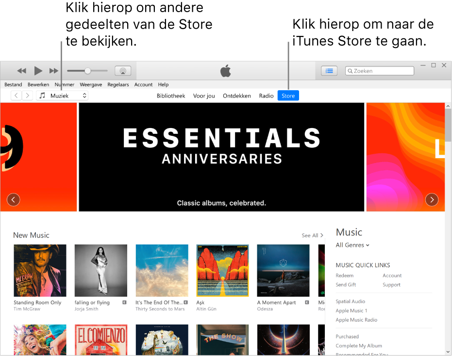 Het hoofdvenster van de iTunes Store: 'Store' is gemarkeerd in de navigatiebalk. In de linkerbovenhoek kun je aangeven of je andere inhoud (zoals 'Muziek' of 'Tv') in de Store wilt weergeven.