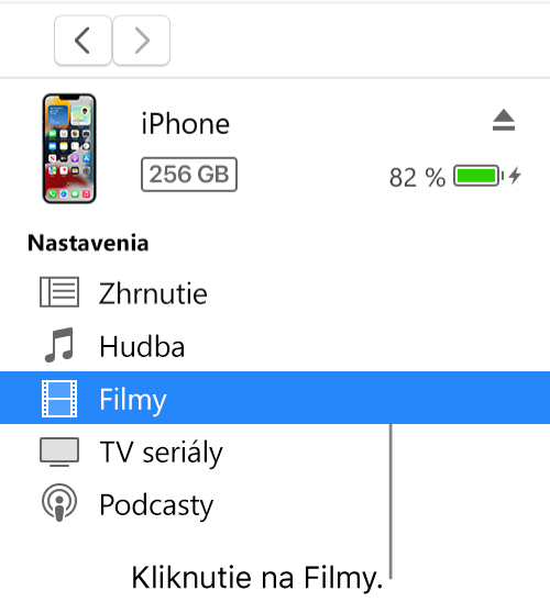 Okno Zariadenie s položkou Filmy vybranou na postrannom paneli.