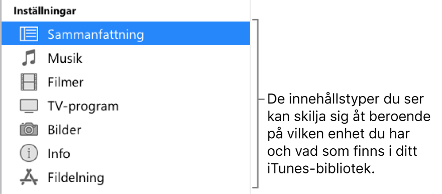 Sammanfattning är markerat i sidofältet. Vilka typer av innehåll som visas kan variera beroende på enhet och innehållet i iTunes-biblioteket.