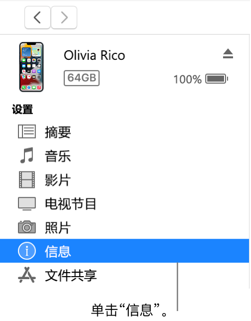 “设备”窗口,边栏中的“信息”已选中。