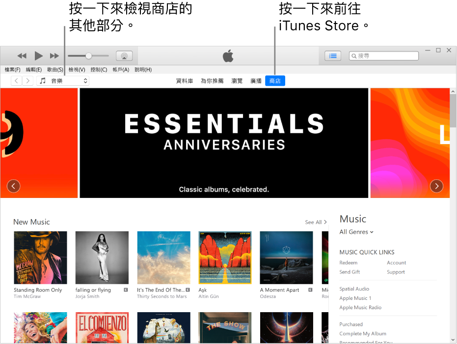iTunes Store 主視窗:在導覽列中,「商店」已醒目標示。在左上角,選擇以在「商店」中檢視不同內容(例如「音樂」或「電視」)。