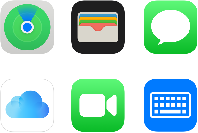Symboles de six services parmi ceux offerts par Apple : Localiser, app Portefeuille, iMessage, iCloud, FaceTime et Clavier.