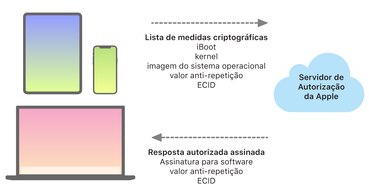 Diagrama que mostra como dispositivos Apple enviam informações para o servidor de Autorização da Apple, o qual, por sua vez, envia uma resposta de volta.