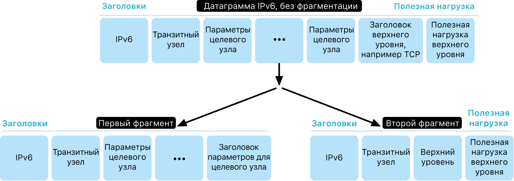 Блок-схема протокола IPv6 на двух уровнях: один без фрагментации, а ниже с фрагментацией.