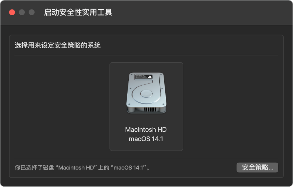 “启动安全性实用工具”中的操作系统选择器面板,显示要指定其安全性策略的 Macintosh HD。右下角是为所选宗卷打开“安全性策略”选项的按钮。