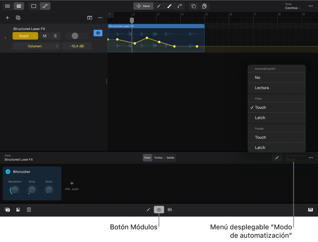 Ilustración. Menú desplegable “Modo de automatización” en el área de módulos.