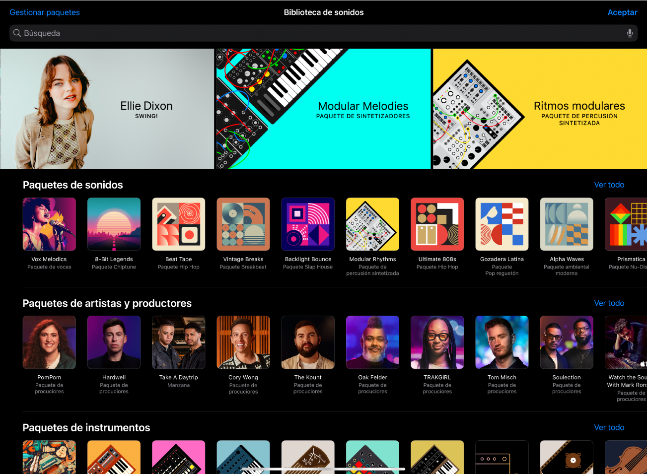 Ilustración. La biblioteca de sonidos de Logic Pro para iPad.