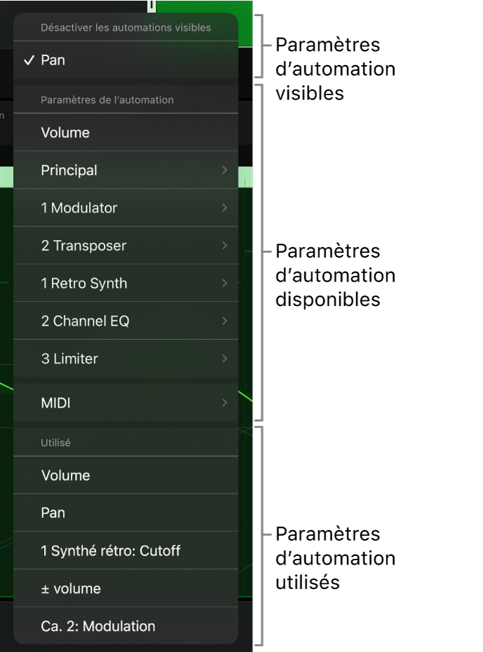 Figure. Menu local « Paramètres de l’automation » étendu.