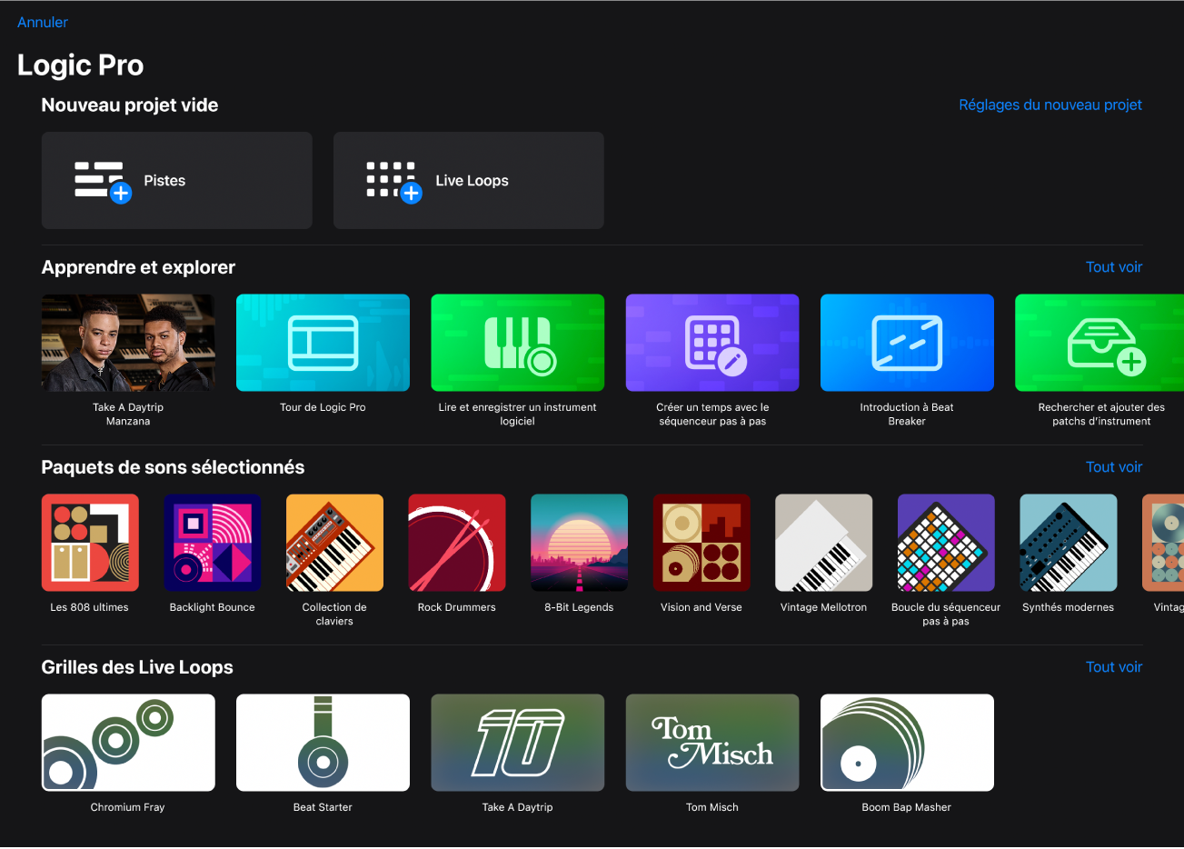 Figure. Zone de dialogue « Nouveau projet » affichant des modèles de projet, le lien vers les réglages du nouveau projet, des cours, des paquets de sons et des grilles des Live Loops