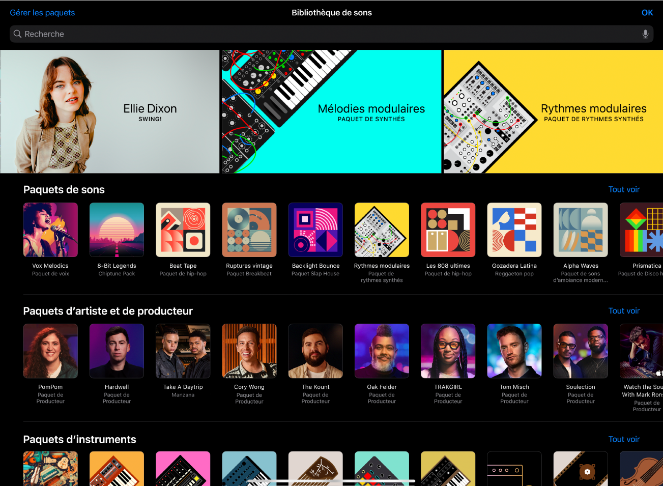 Figure. Bibliothèque de sons dans Logic Pro pour iPad.