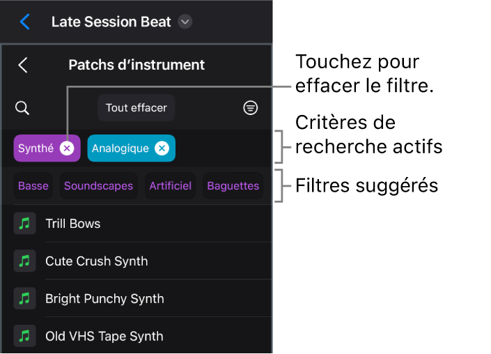 Figure. Présentation « Patchs d’instrument » dans le navigateur montrant les critères de recherche actifs et les filtres suggérés.