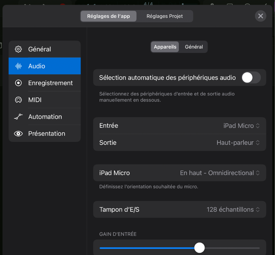 Figure. Réglages audio d’appareils.