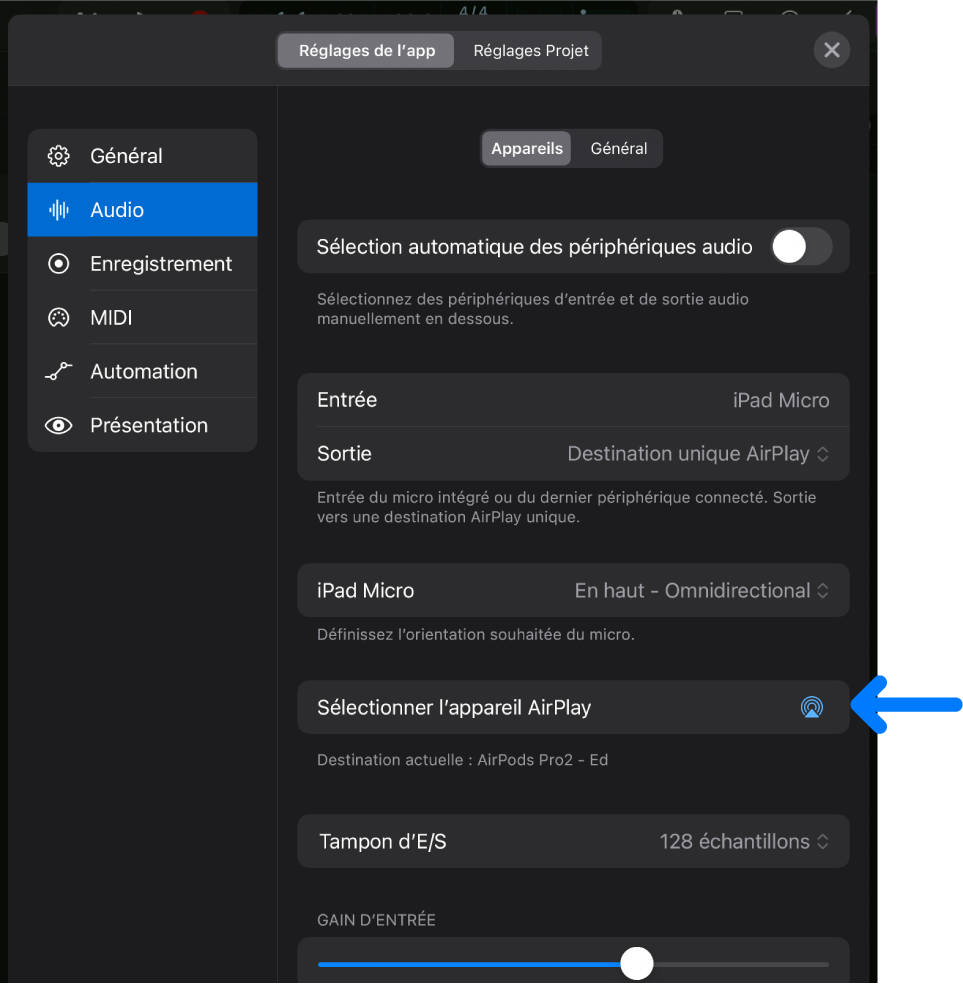 Figure. Réglages audio d’appareils, avec le bouton « Sélectionner l’appareil AirPlay ».