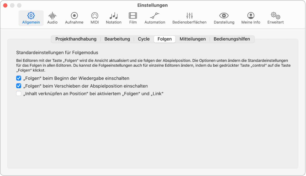 Abbildung. Einstellungsbereich „Allgemein“ > „Folgen“.