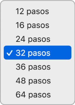 Menú desplegable “Duración del patrón” del secuenciador de pasos con la opción “32 pasos” seleccionada.