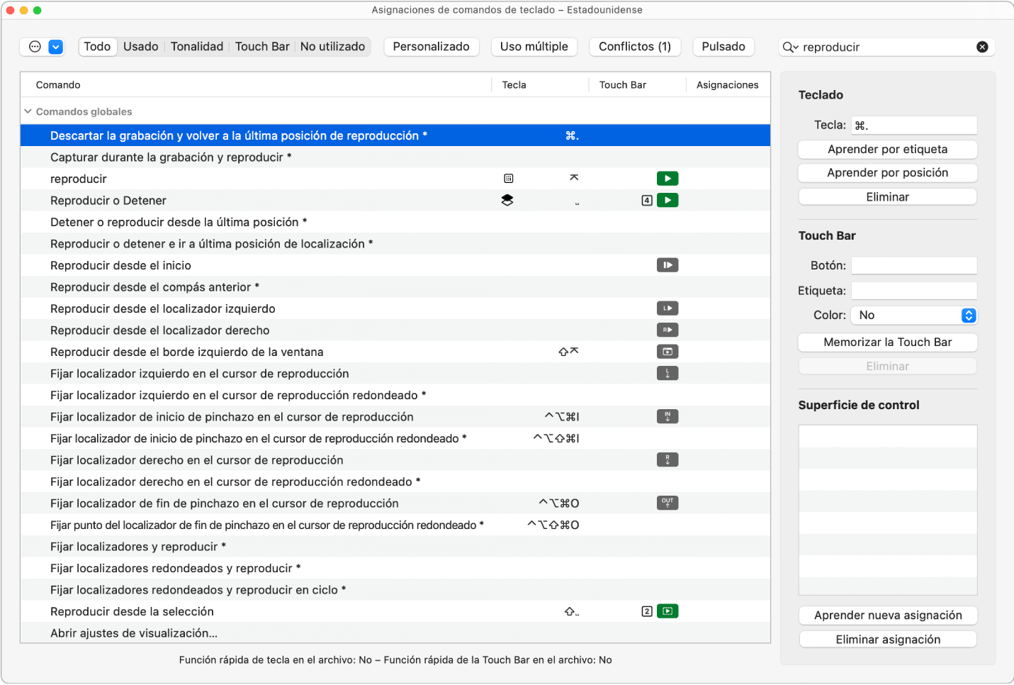 Ilustración. Asignación de una función a la pantalla “Comandos de teclado” de la Touch Bar.
