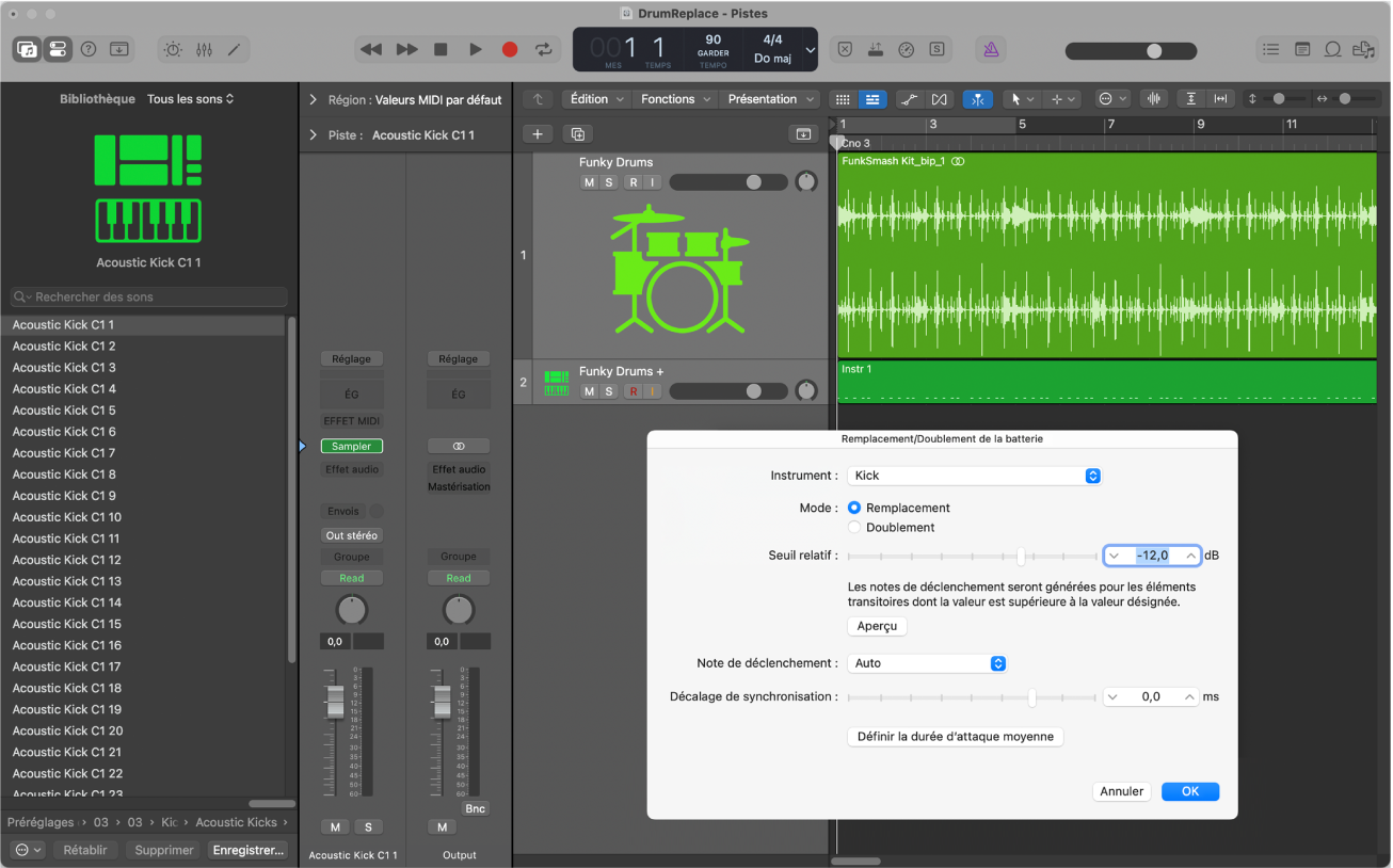 Figure. Zone Pistes avec la piste audio agrandie, la bibliothèque ouverte présentant les sons de batterie et la zone de dialogue « Remplacement/Doublement de la batterie » ouverte.
