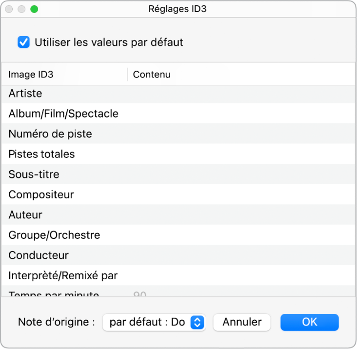 Figure. Zone de dialogue Réglages ID3.