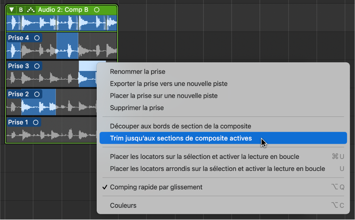 Figure. Sélection de « Trim jusqu’aux sections de composite actives » dans le menu contextuel.