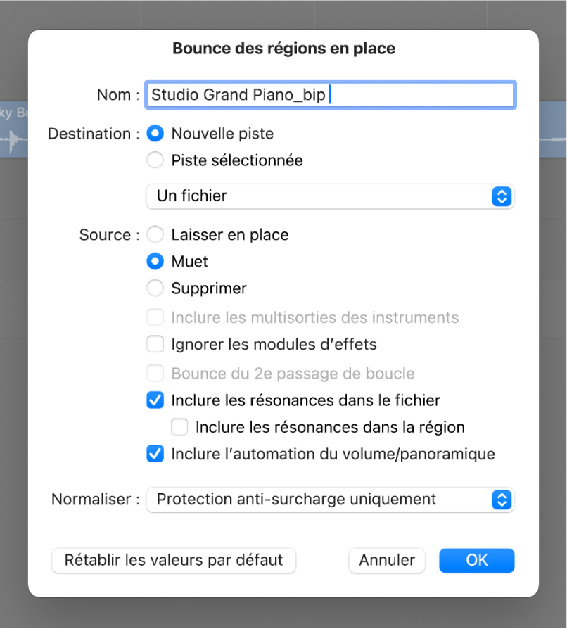 Figure. Zone de dialogue « Bounce des régions à leur place ».