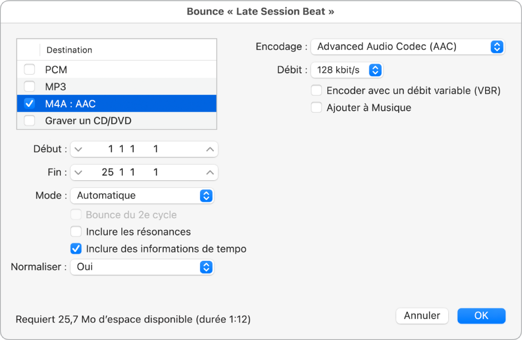 Figure. Options de fichier M4A AAC dans la fenêtre Bounce.