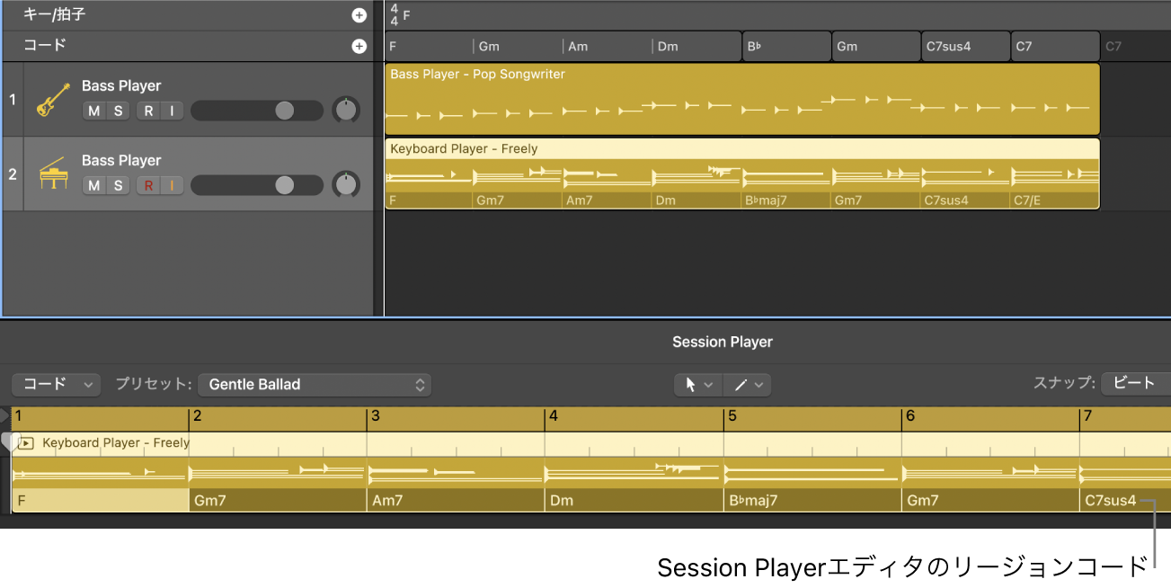 図。Session Playerリージョンが表示されたプロジェクト。Session Playerエディタにリージョンコードが表示されています。