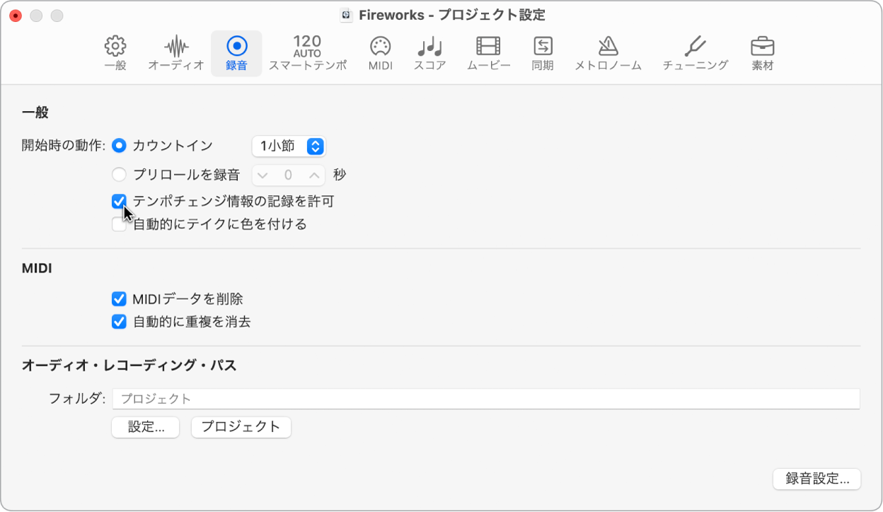 図。「録音」プロジェクト設定パネル
