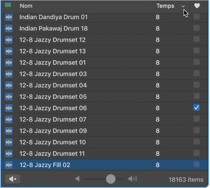 Acció d’assenyalar la capçalera de columna Temps a l’explorador de bucles.