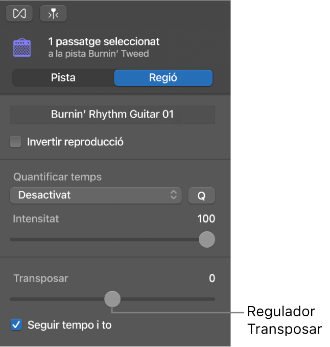L’inspector de l’editor d’àudio en mode Passatge, amb el regulador Transposar.