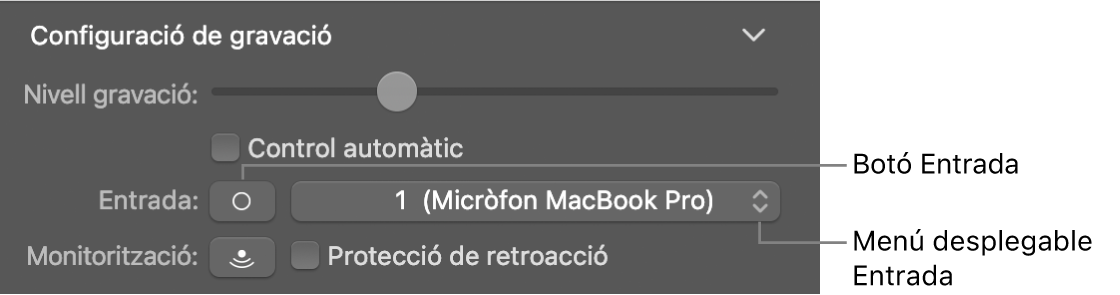 Botó i menú desplegable Entrada a l’inspector Smart Controls.