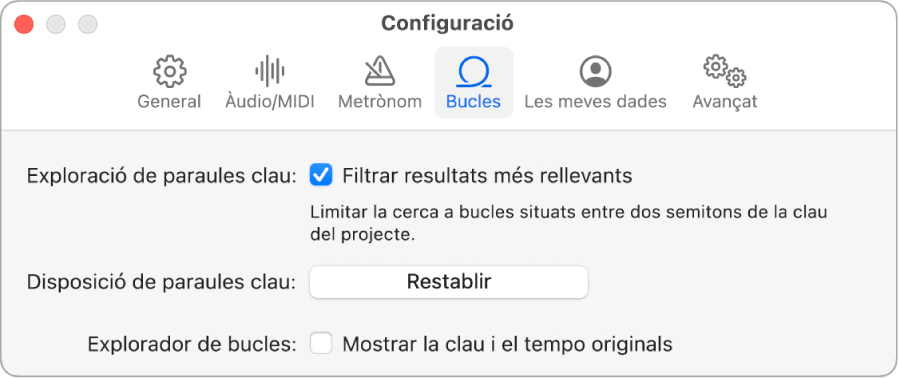 El tauler de configuració de bucles.