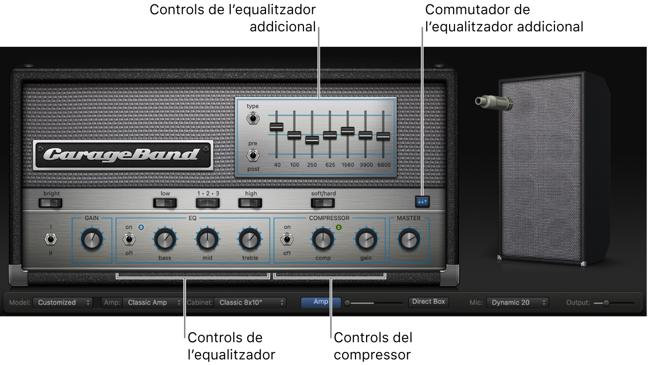 Bass Amb Designer on es mostren els controls de l’equalitzador i el compressor.