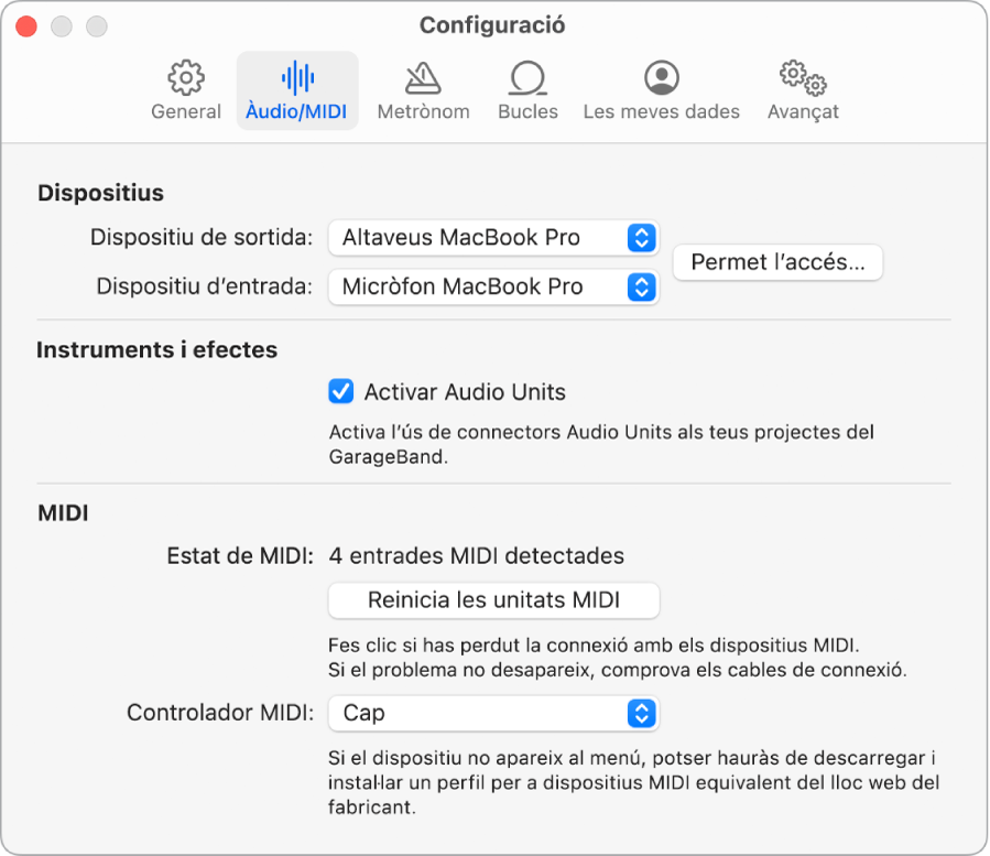 Tauler de configuració d’àudio/MIDI.