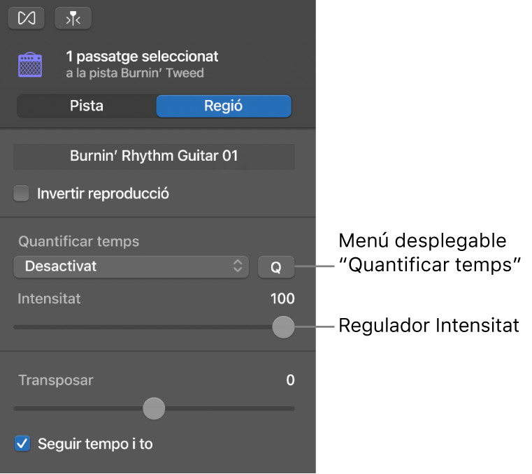 L’inspector de l’editor d’àudio, amb el menú desplegable “Quantificador de temps” i el regulador d’intensitat.