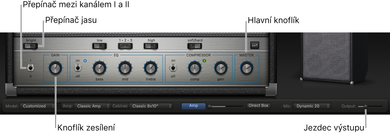 Ovládání zesilovače v Bass Amp Designeru – přepínač Bright, knoflík vstupního zesílení, přepínač kanálů I a II a knoflík výstupní hlasitosti