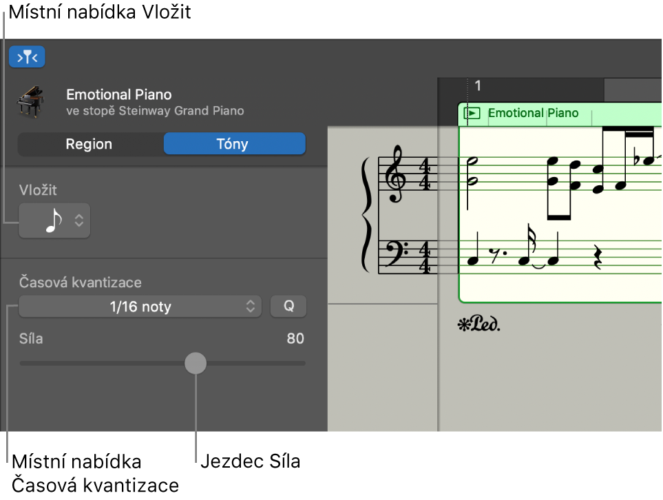 Inspektor Notový editor v notovém režimu se zobrazenými ovládacími prvky