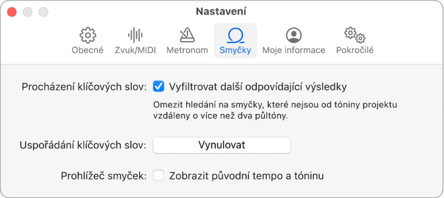 Panel nastavení Smyčky