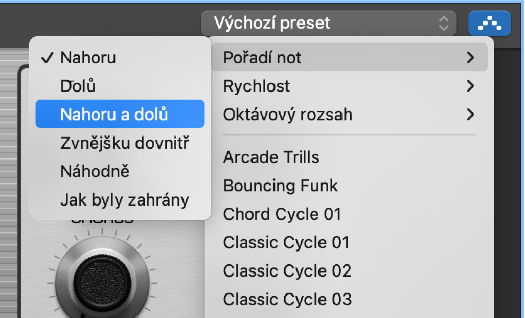 Arpeggiátor na panelu Smart Controls