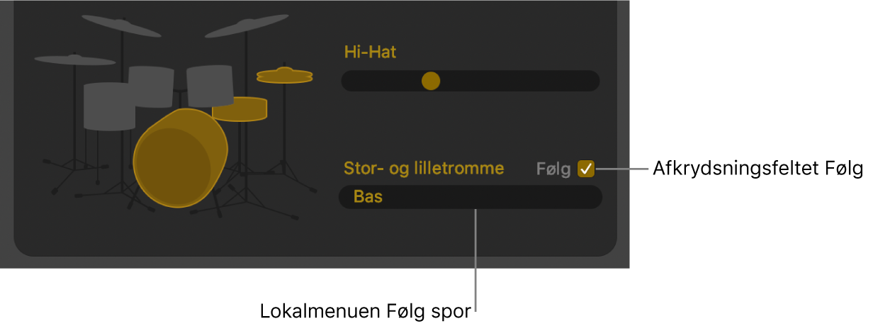 Drummer-værktøjet med afkrydsningsfeltet Følg og lokalmenuen Følg spor.