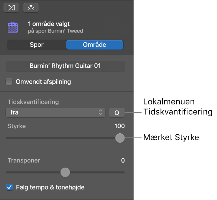 Info om lydværktøj med lokalmenuen Tidskvantificering og mærket Styrke.