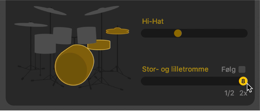 Drummer-værktøjet med variationer i halvt og dobbelt tempo.
