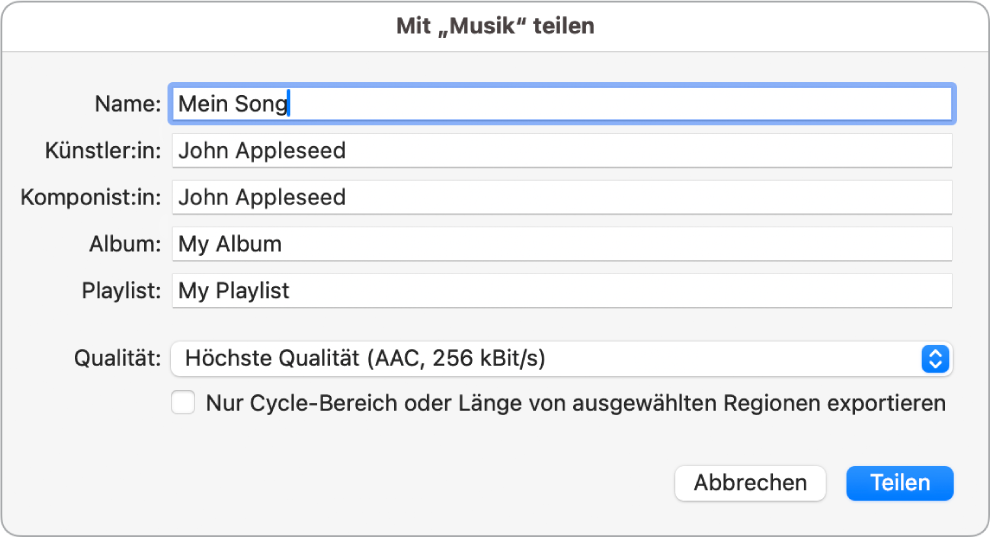 Dialogfenster zum Teilen für Musik